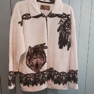 Women's Cream Wolf Print Jacket. Medium.